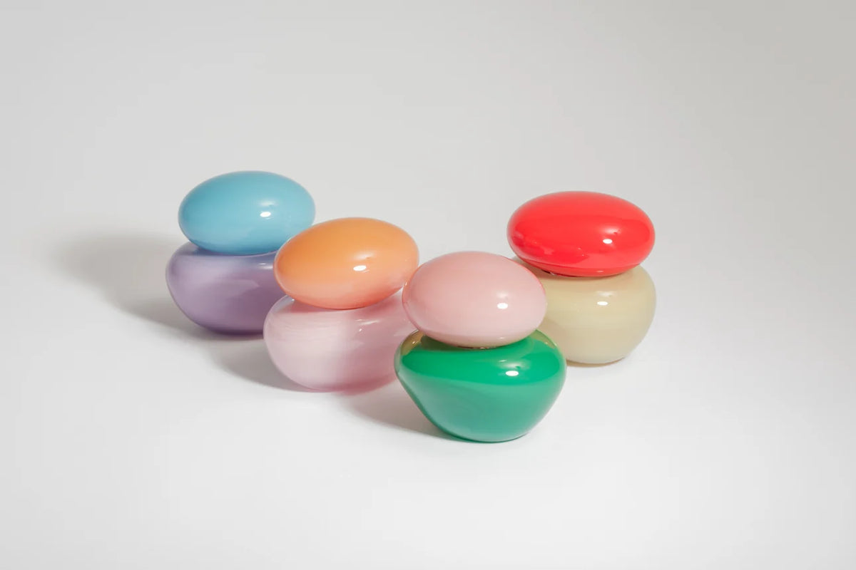 Bonbonniere Mini by Helle Mardahl Studio in Grapefruit and Banana, handmade glossy glass keepsake box with colourful design and compact form from House of Nomad Stories.