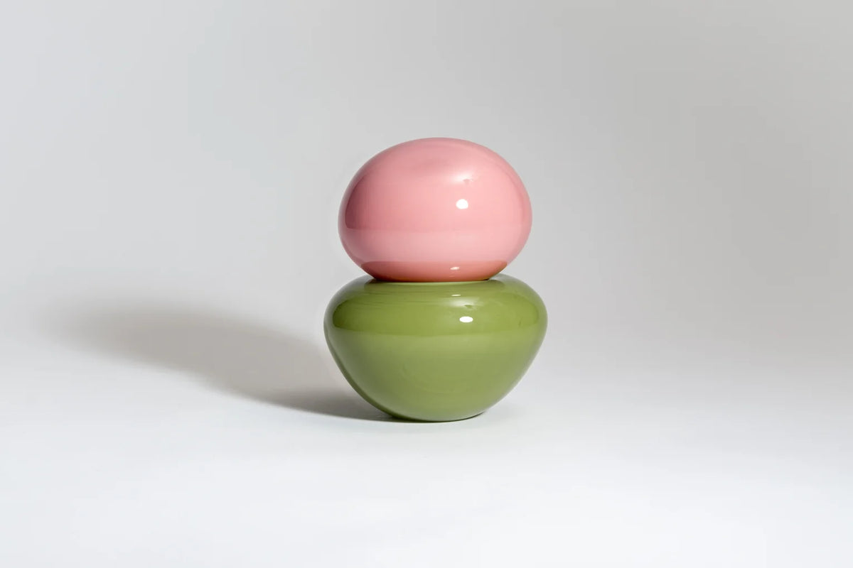 Bonbonniere by Helle Mardahl Studio in Rhubarb and Lime, handmade sculptural glass keepsake box with organic shape and distinctive coloured lid from House of Nomad Stories.