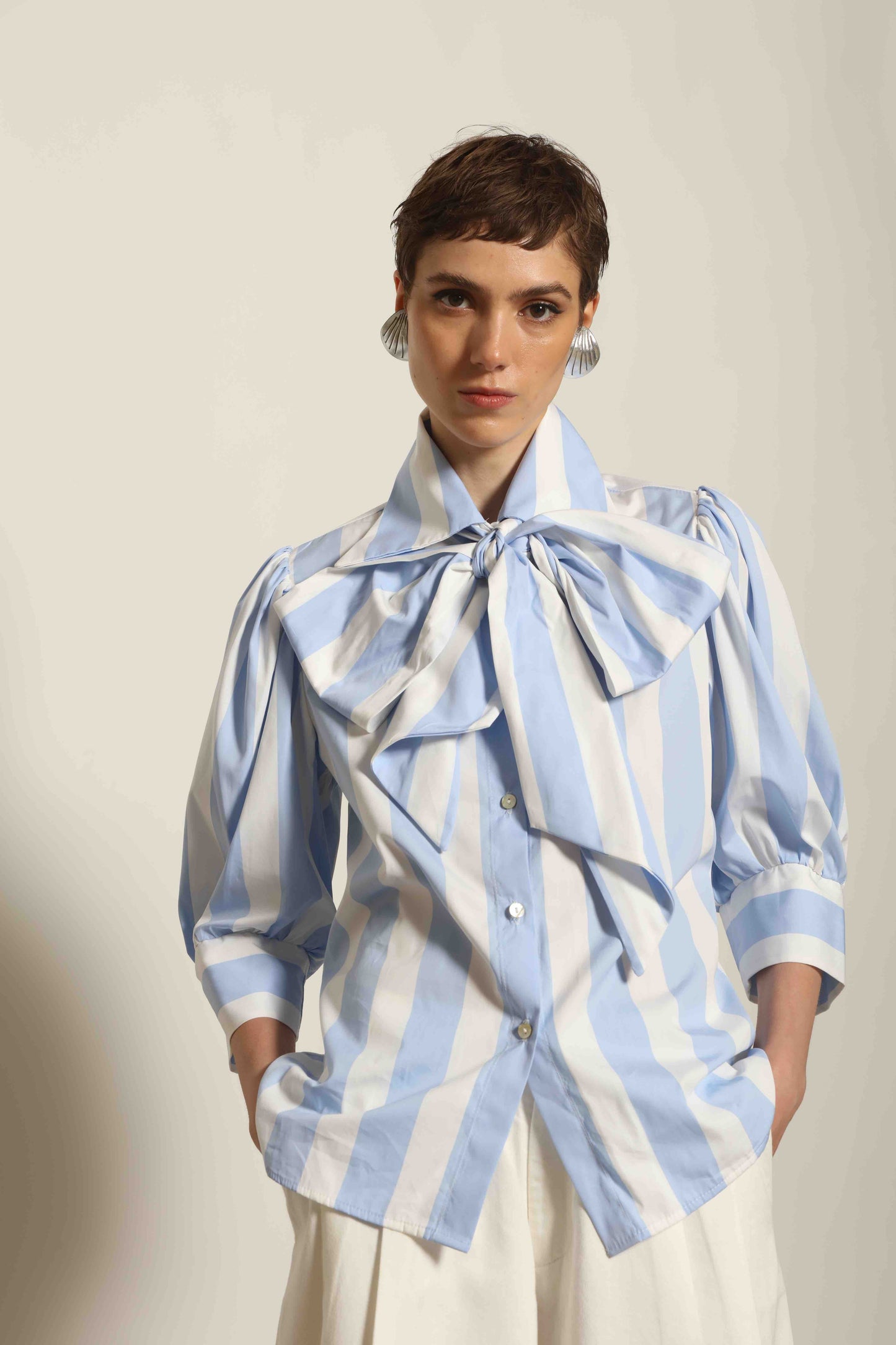 Karin Blue & White Macro Striped Blouse - House of Woven Stories