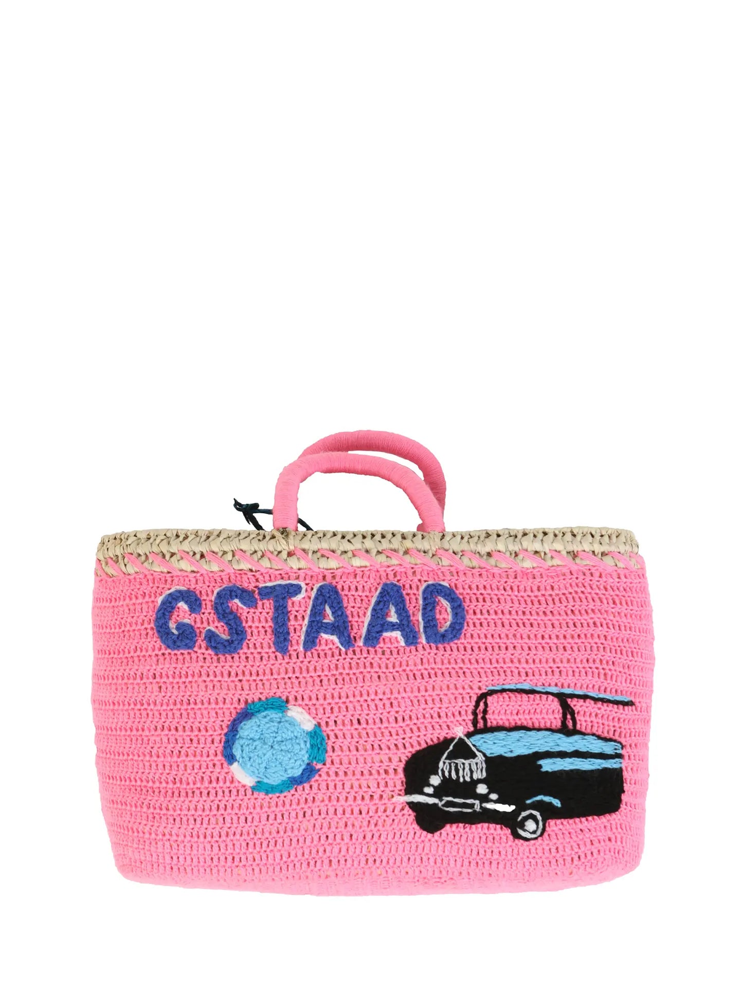 Diamond & Rolls Undercover basket bag by Kilometre Paris, curated by House of Woven Stories, featuring pink crochet, blue Gstaad lettering and vintage car embroidery on handwoven straw, inspired by winter glamour and travel