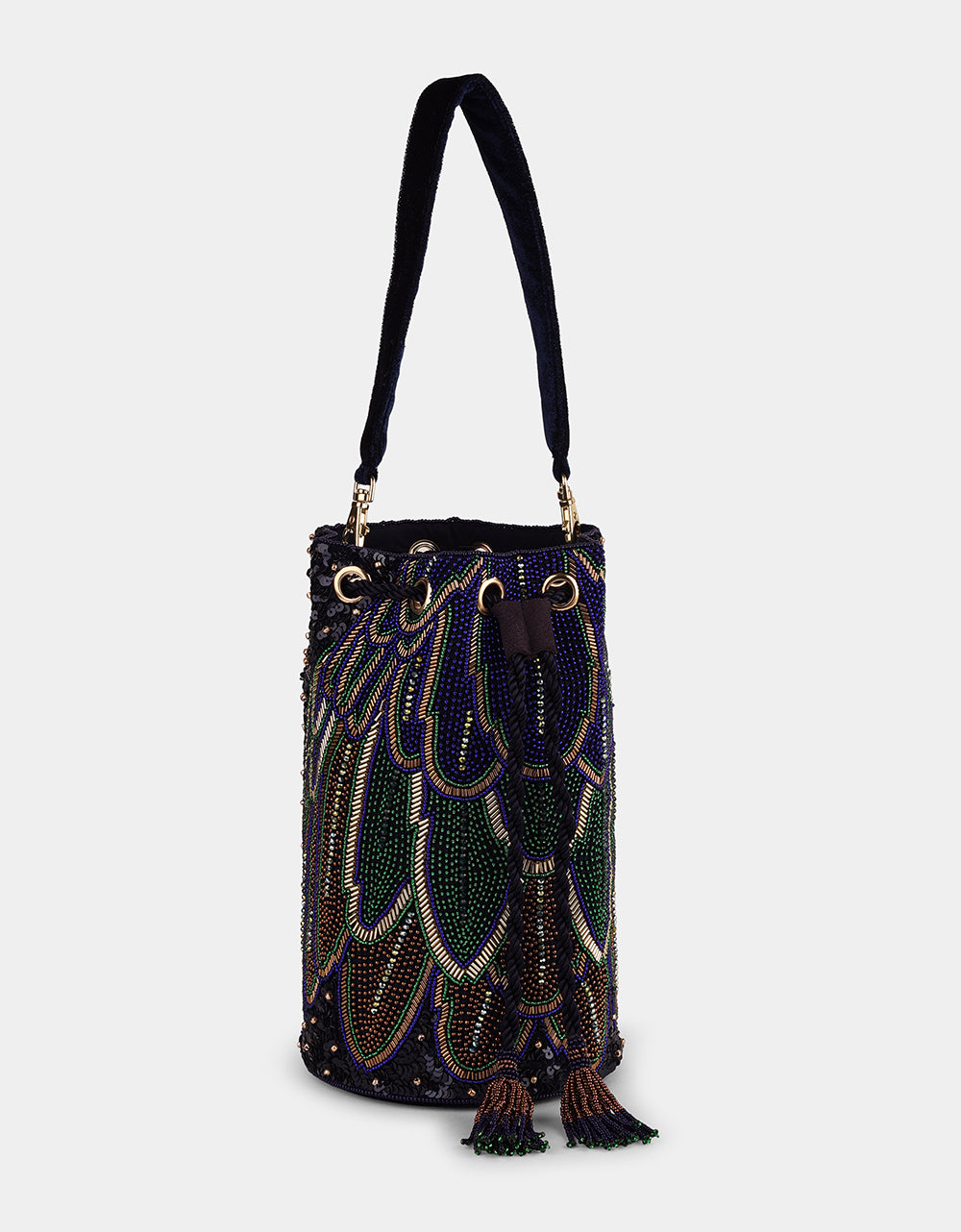 FEATHER NAVY BLUE BEADED BUCKET BAG