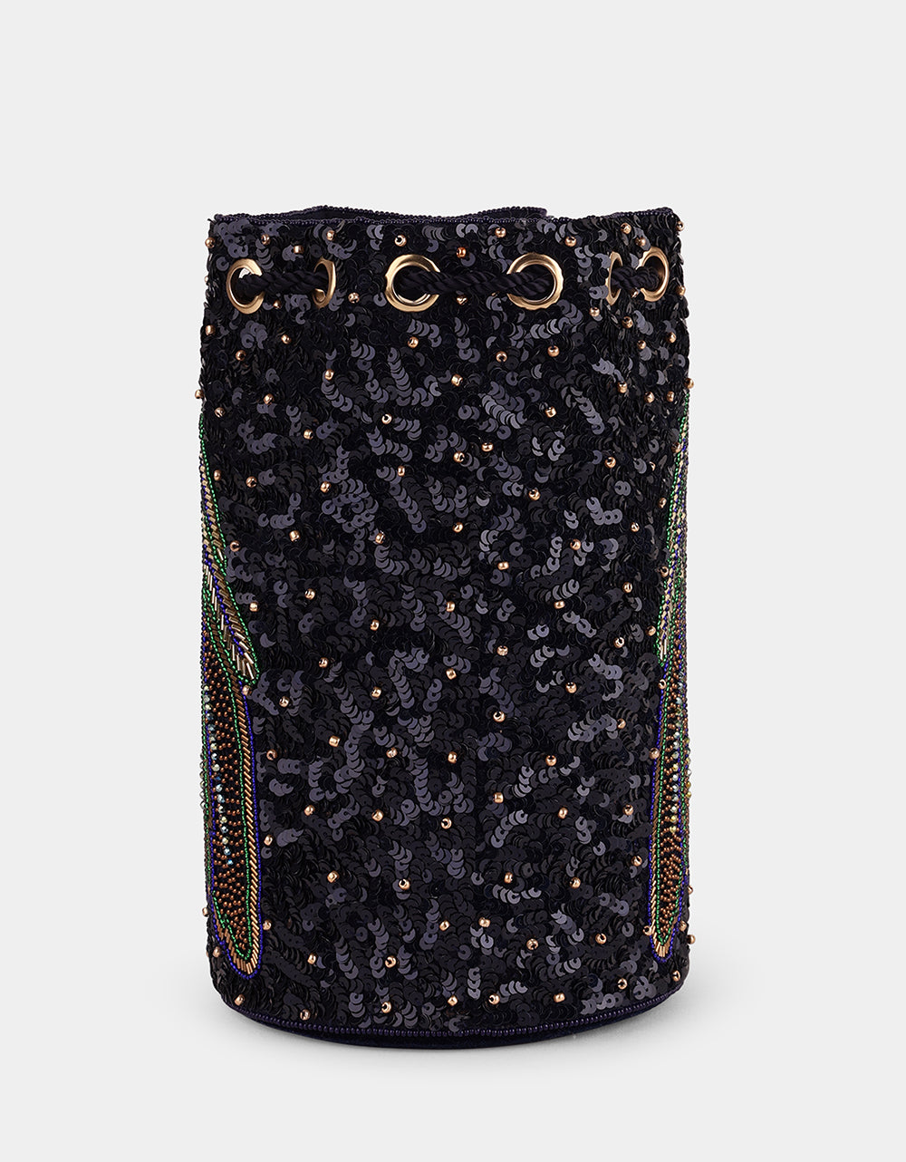 FEATHER NAVY BLUE BEADED BUCKET BAG