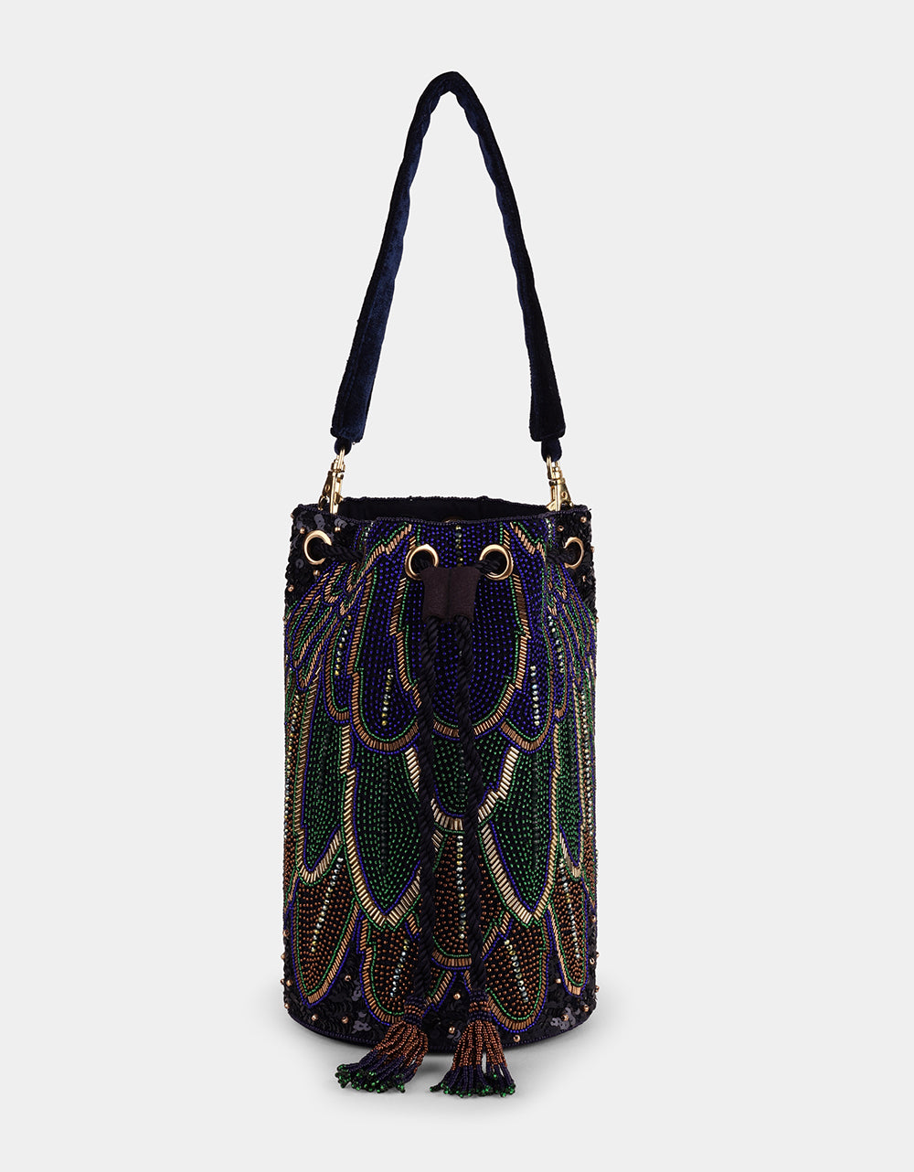 FEATHER NAVY BLUE BEADED BUCKET BAG