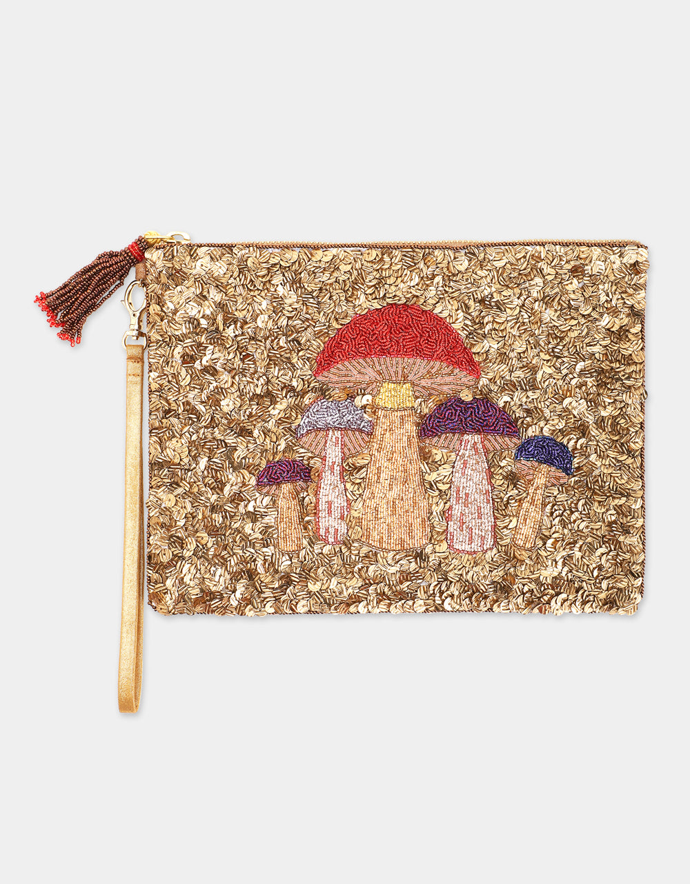 Olivia Dar Mushroom Bronze hand-embroidered beaded pouch by House of Woven Stories, featuring a nature-inspired mushroom design with glass seed beads, sequins and a practical wrist strap.