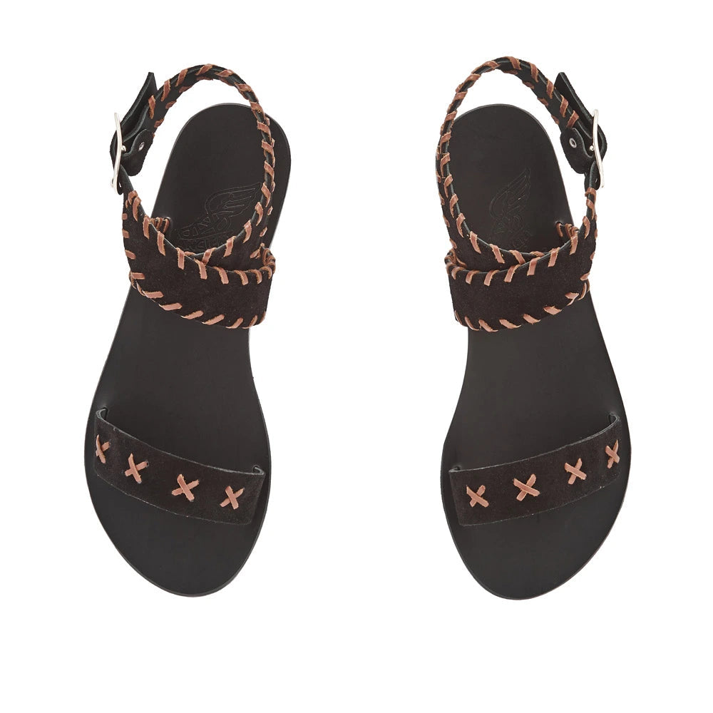 Ifigenia Stitch Sandals in black and brown suede by Ancient Greek Sandals, handmade in Greece with whip stitch detail, part of the House of Nomad Stories selection