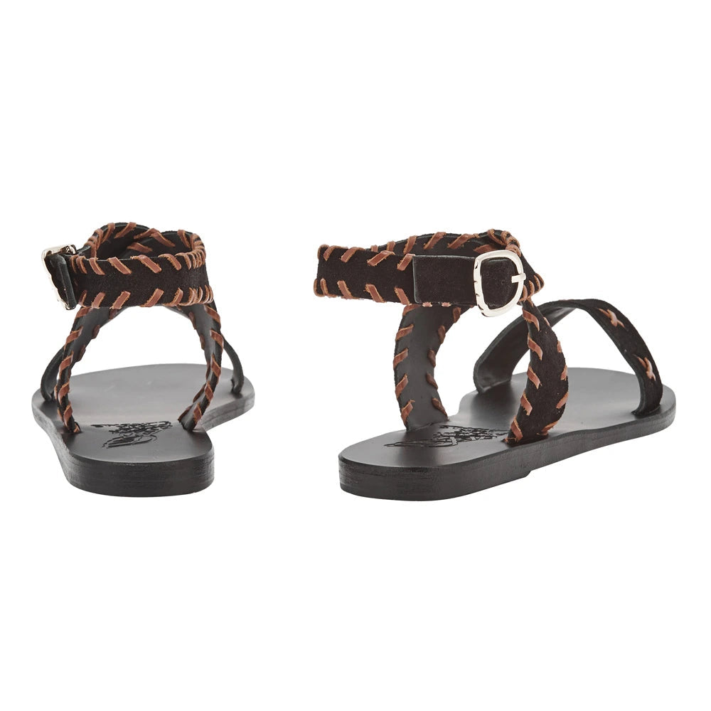 Ifigenia Stitch Sandals in black and brown suede by Ancient Greek Sandals, handmade in Greece with whip stitch detail, part of the House of Nomad Stories selection