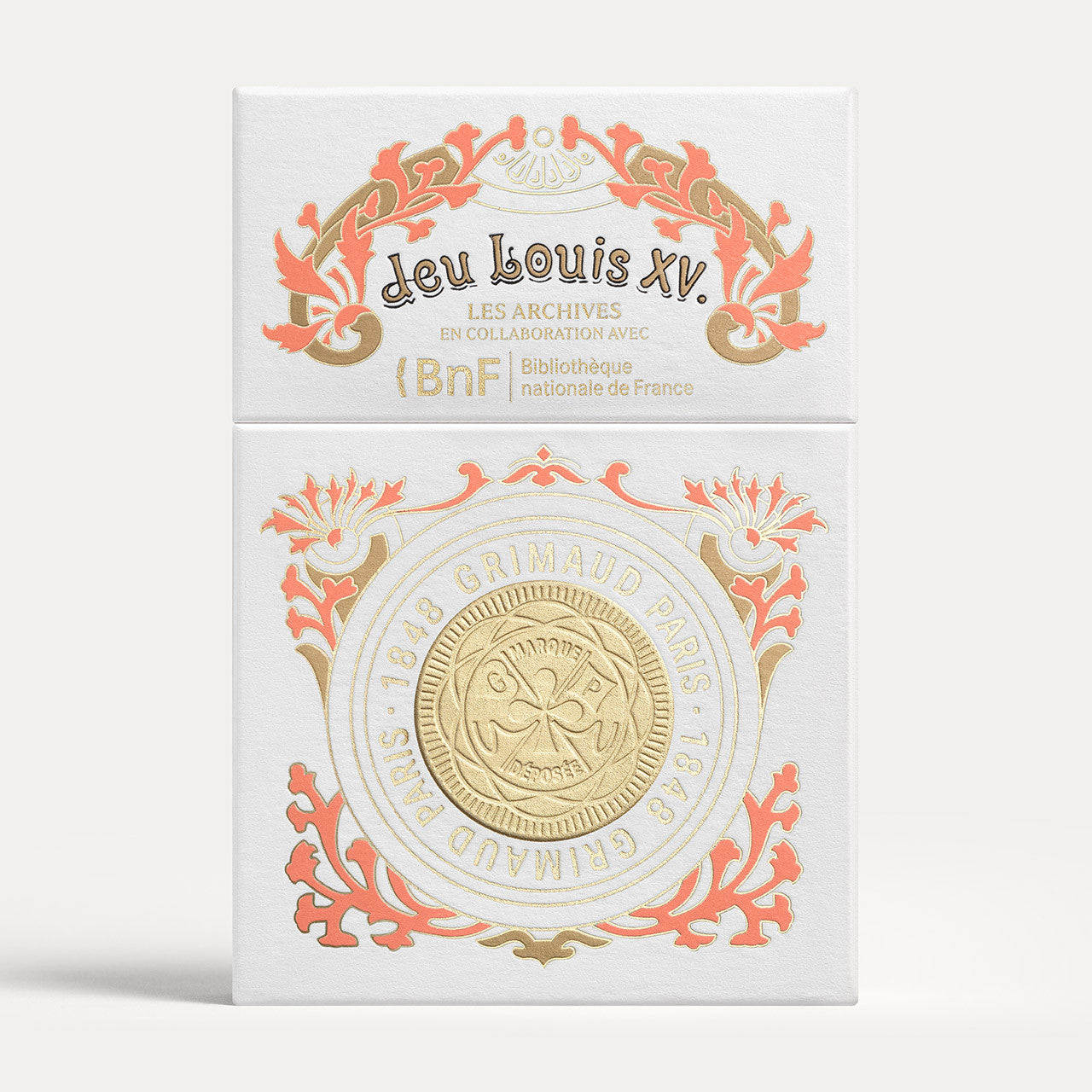 Jeu Louis XV 1504 by Grimaud Paris from the House of Woven Stories selection, luxury Bridge and Poker playing cards in Coral Red, made in France with archival illustrations and gilt edges.