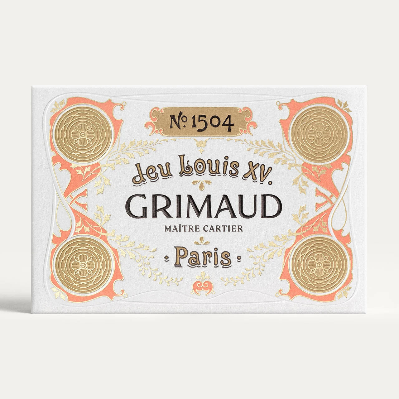 Jeu Louis XV 1504 by Grimaud Paris from the House of Woven Stories selection, luxury Bridge and Poker playing cards in Coral Red, made in France with archival illustrations and gilt edges.