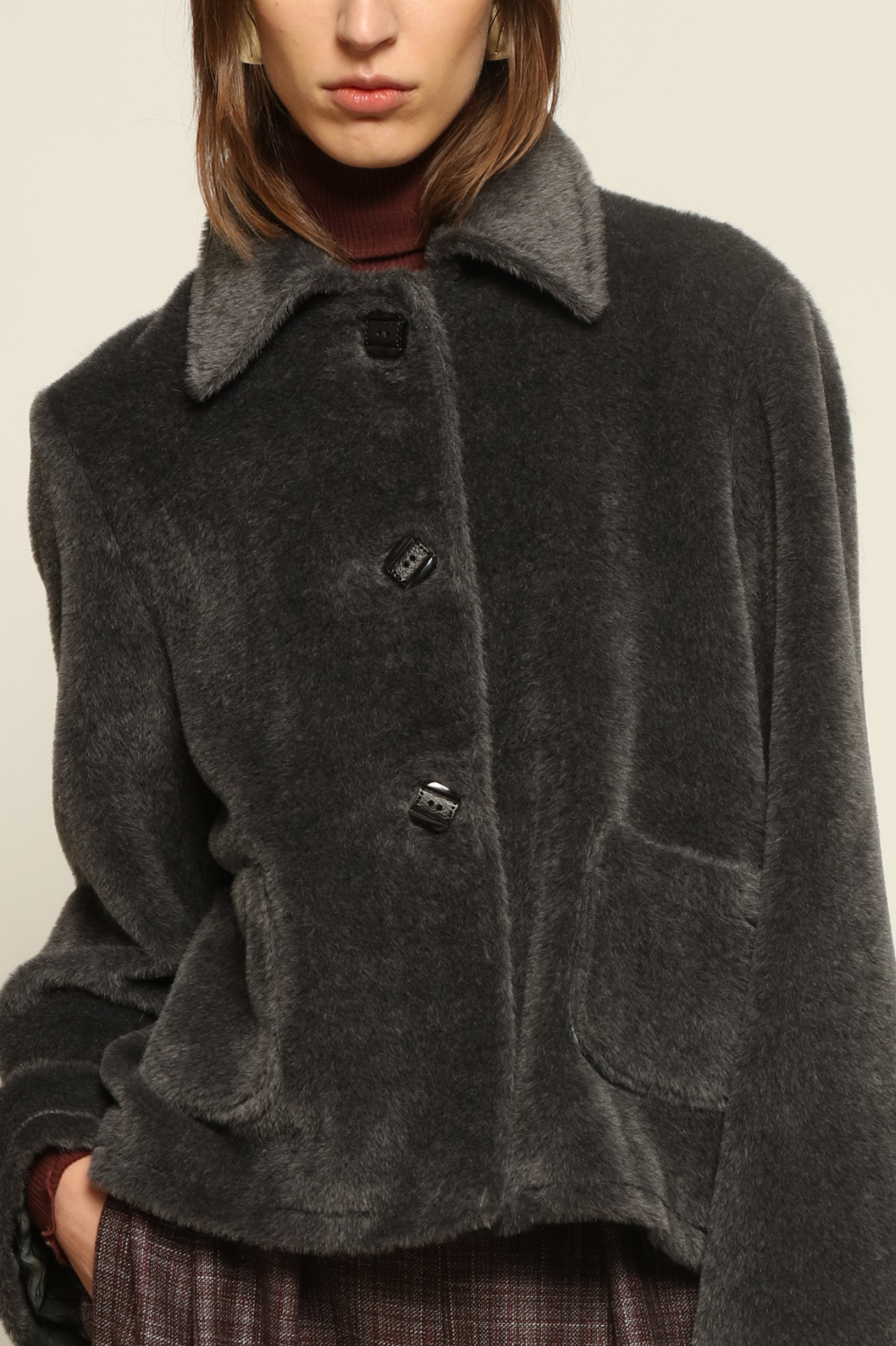 Katharina Grey Alpaca Wool Jacket by House of Woven Stories – heritage-inspired A-line jacket in soft alpaca wool with unique hand-dyed antique mulberry silk lining, vintage buttons, and sustainable craftsmanship.
