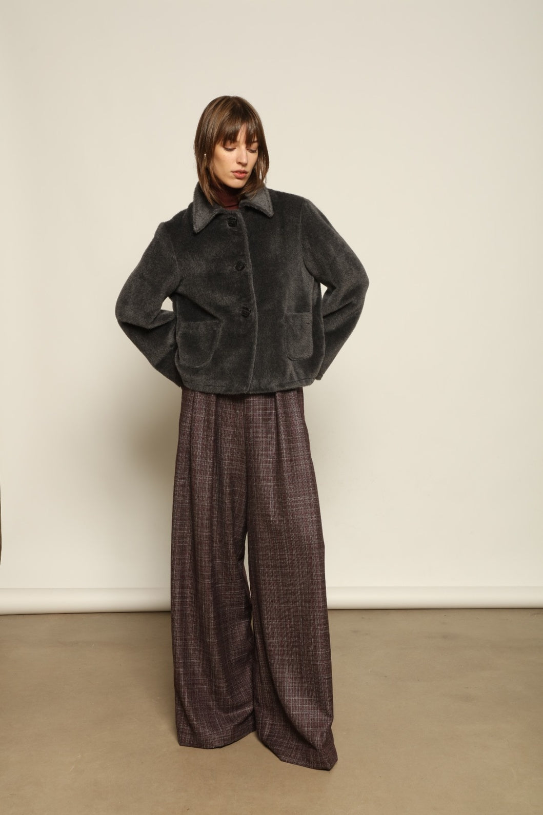 Katharina Grey Alpaca Wool Jacket by House of Woven Stories – heritage-inspired A-line jacket in soft alpaca wool with unique hand-dyed antique mulberry silk lining, vintage buttons, and sustainable craftsmanship.