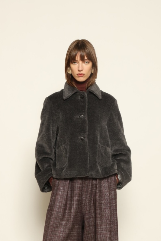 Katharina Grey Alpaca Wool Jacket by House of Woven Stories – heritage-inspired A-line jacket in soft alpaca wool with unique hand-dyed antique mulberry silk lining, vintage buttons, and sustainable craftsmanship.