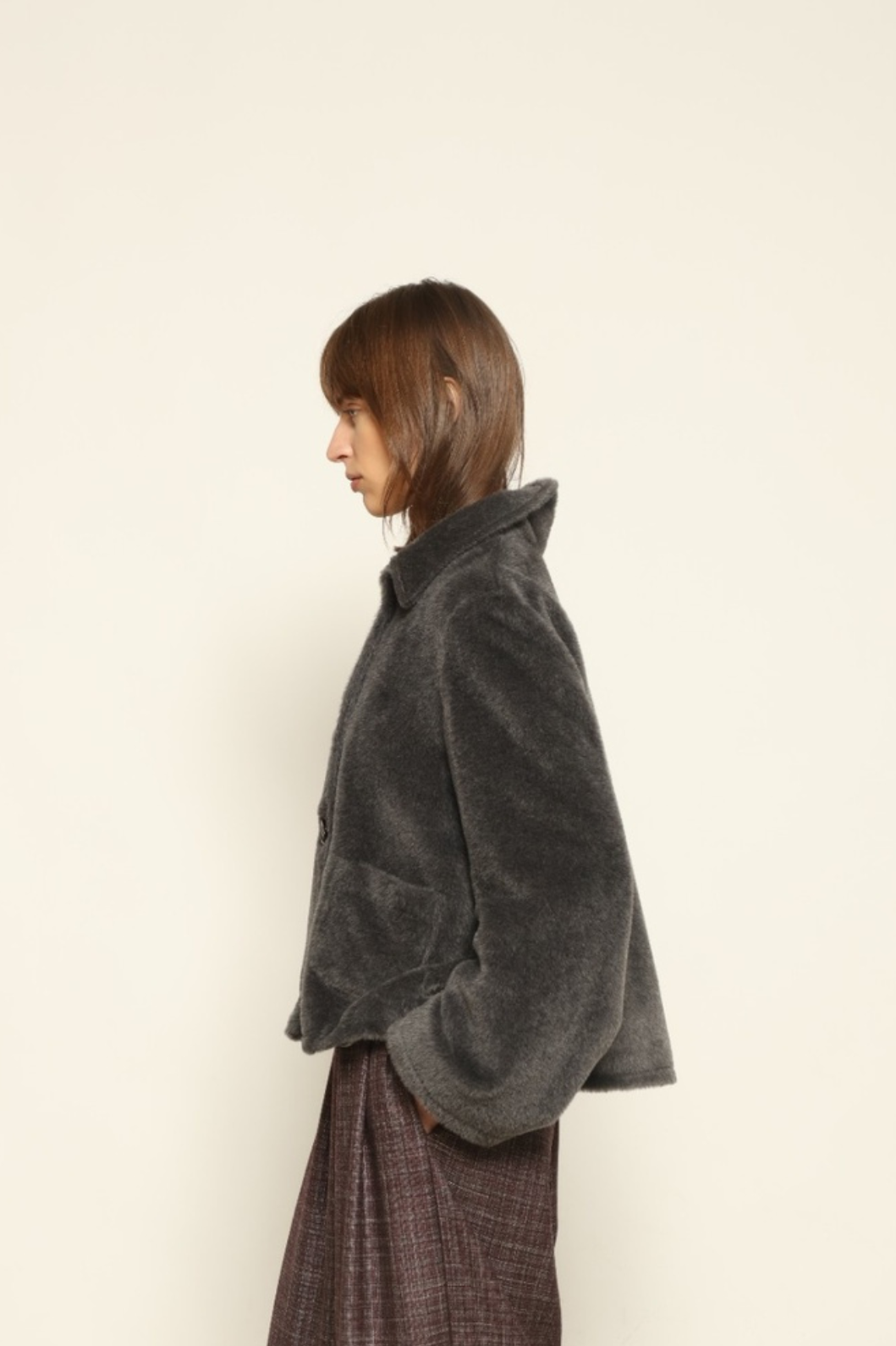 Katharina Grey Alpaca Wool Jacket by House of Woven Stories – heritage-inspired A-line jacket in soft alpaca wool with unique hand-dyed antique mulberry silk lining, vintage buttons, and sustainable craftsmanship.