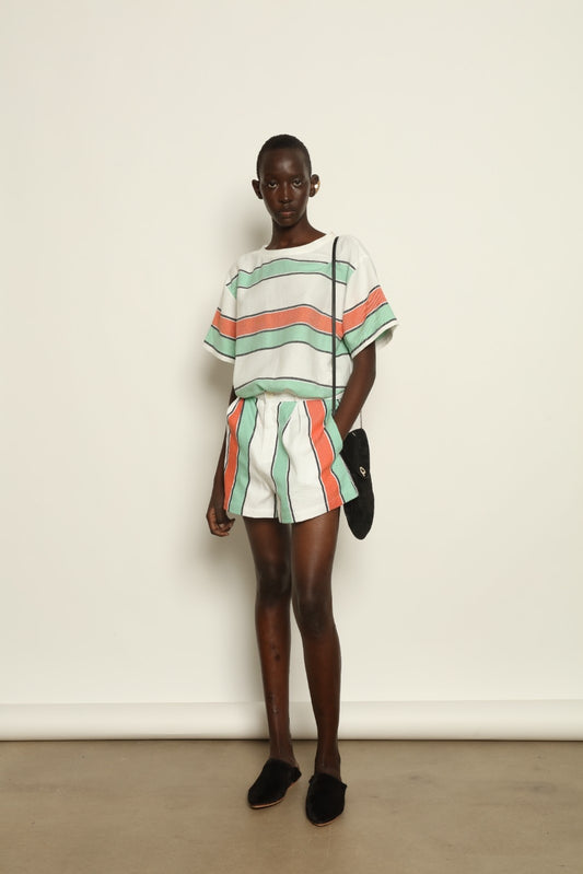 Tennis Dress Stripe 02 by House of Woven Stories, handwoven natural fibre dress with striped pattern, structured silhouette and modern sporty elegance.