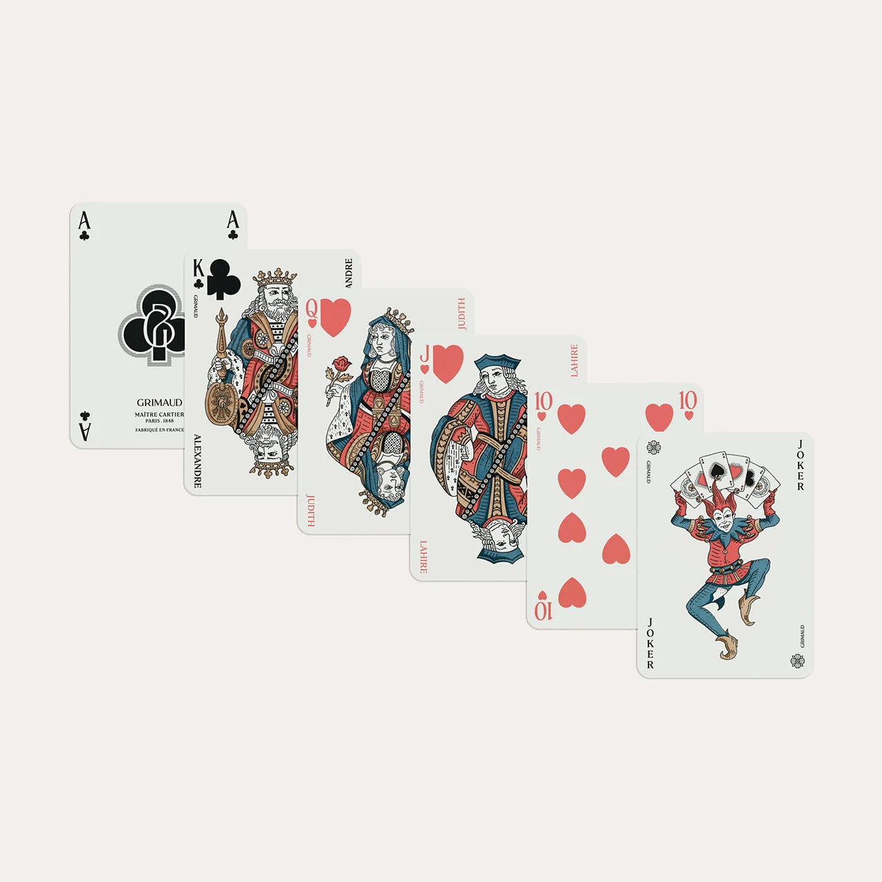 N°200 Cartes à Jouer by Grimaud Paris from the House of Woven Stories selection, luxury Bridge and Poker playing cards in Coral Red, made in France with gold foil detailing and illustrated design.