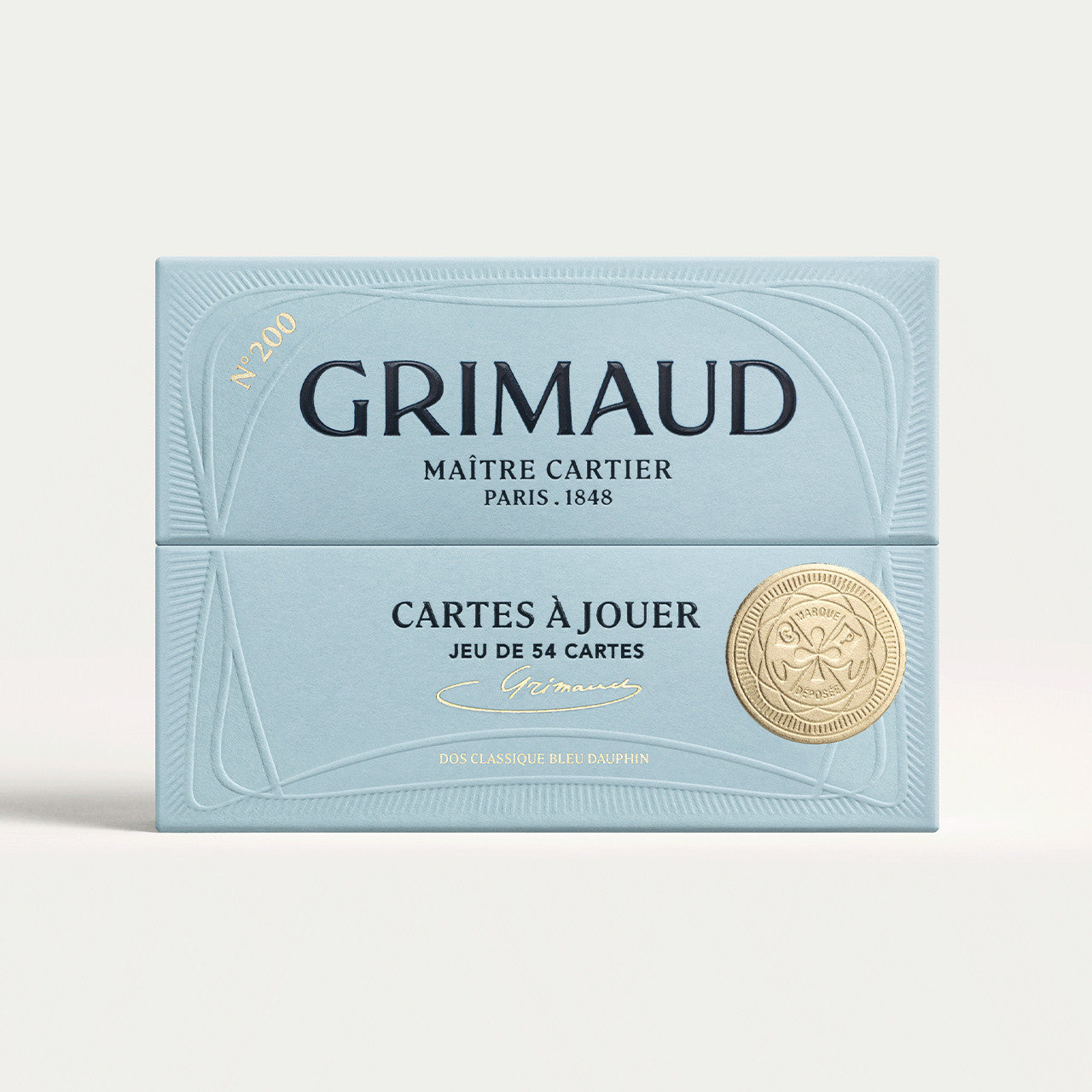 N°200 Cartes à Jouer by Grimaud Paris from the House of Woven Stories selection, luxury Bridge and Poker playing cards in Dolphin Blue, made in France with gold foil detailing and illustrated design.