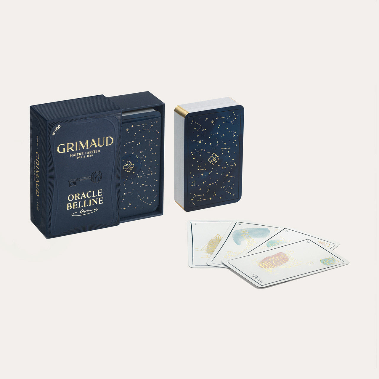 N°500 Oracle de Belline by Grimaud Paris from the House of Woven Stories selection, luxury 53-card oracle deck made in France with illustrated design, gold foil details and included guidebook.