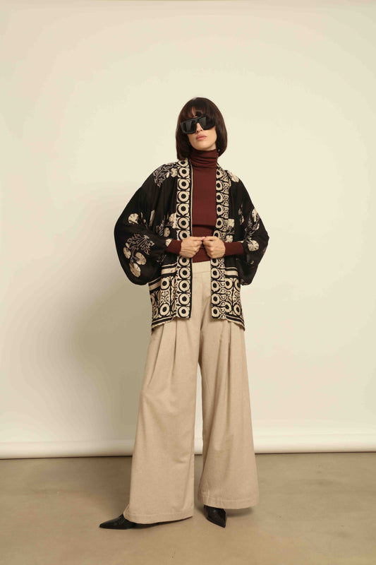 Shanti Kantha Jacket by Obidi in wool-and-silk check with silk collar and printed silk lining. Handcrafted, unique, and inspired by Kantha tradition.