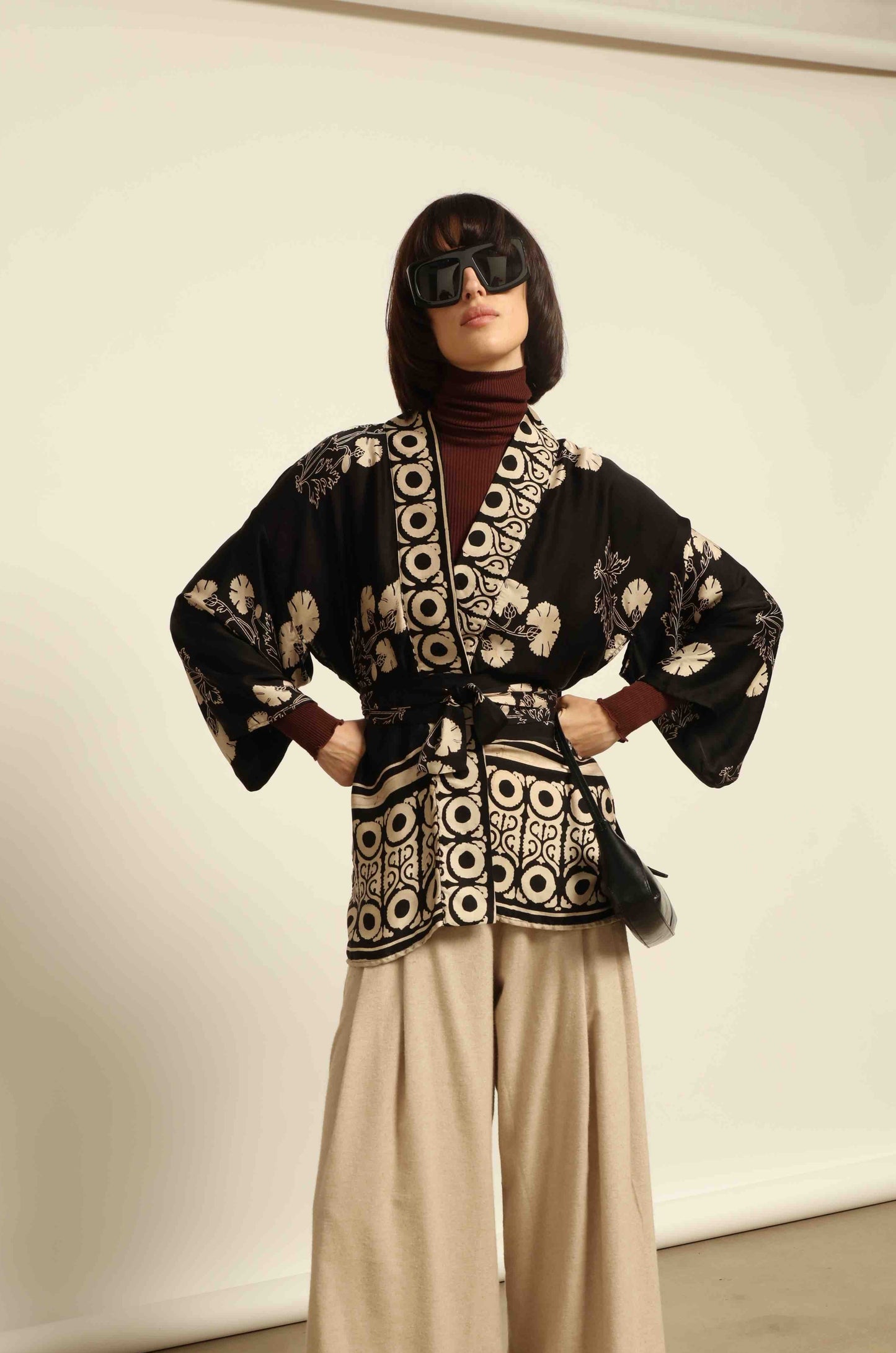 Shanti Kantha Jacket by Obidi in wool-and-silk check with silk collar and printed silk lining. Handcrafted, unique, and inspired by Kantha tradition.