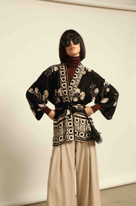 Shanti Kantha Jacket by Obidi in wool-and-silk check with silk collar and printed silk lining. Handcrafted, unique, and inspired by Kantha tradition.