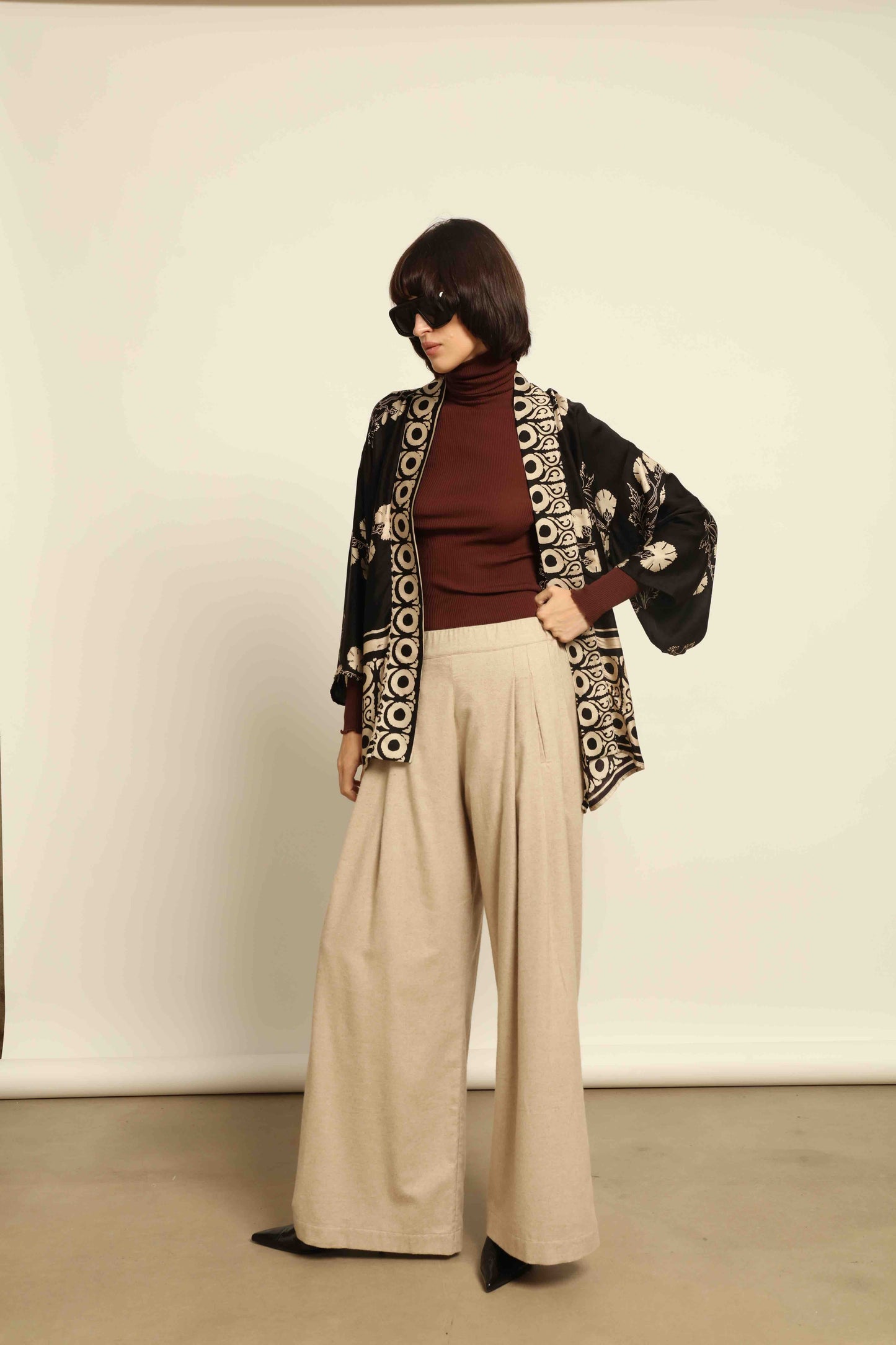 Shanti Kantha Jacket by Obidi in wool-and-silk check with silk collar and printed silk lining. Handcrafted, unique, and inspired by Kantha tradition.