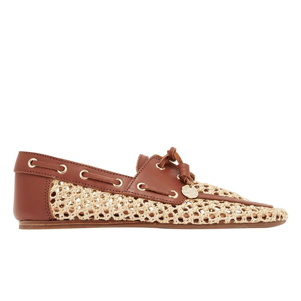 Pliaria Boat Shoe in Natural raffia and Vachetta leather by Ancient Greek Sandals, handmade in Greece with gold charm detail