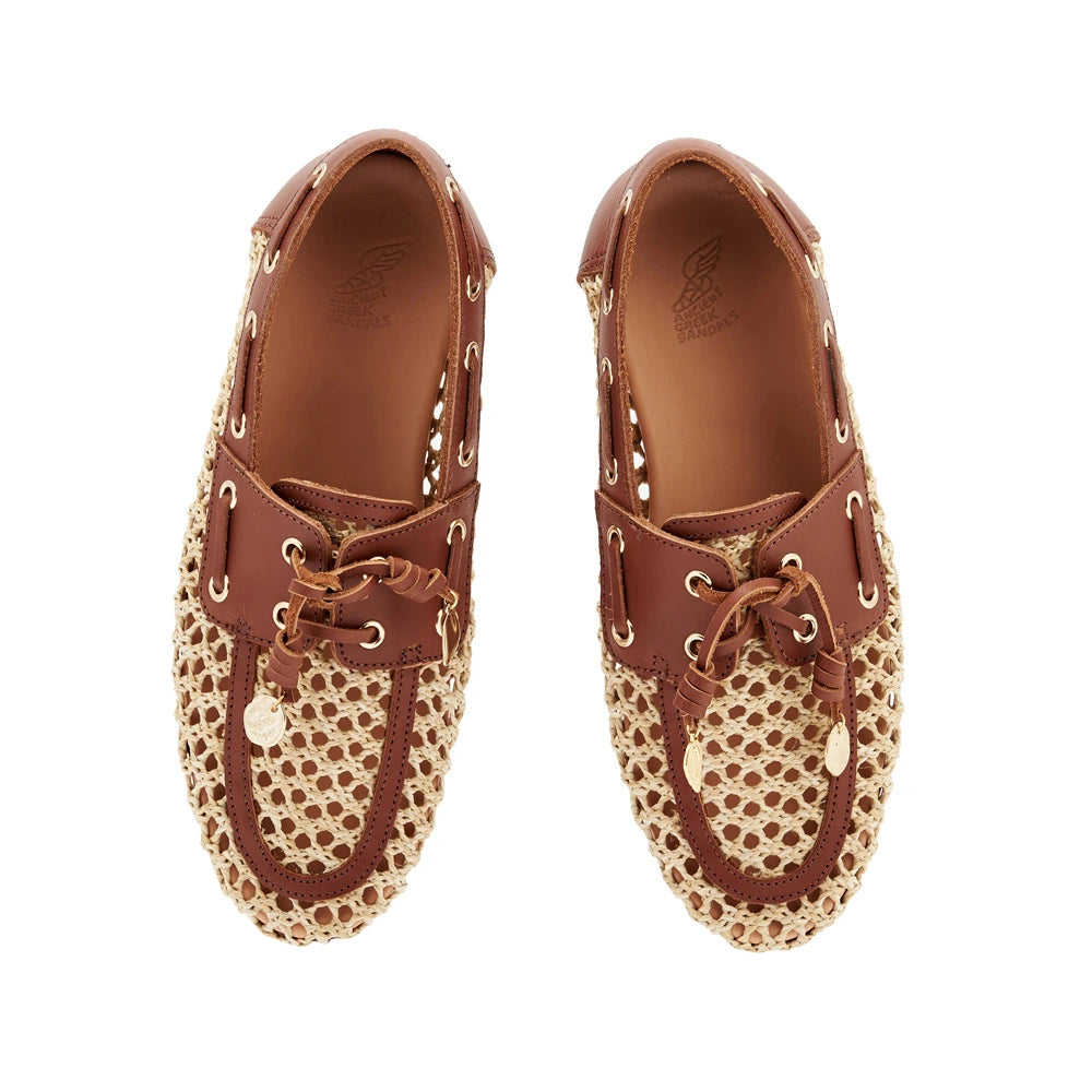 Pliaria Boat Shoe in Natural raffia and Vachetta leather by Ancient Greek Sandals, handmade in Greece with gold charm detail
