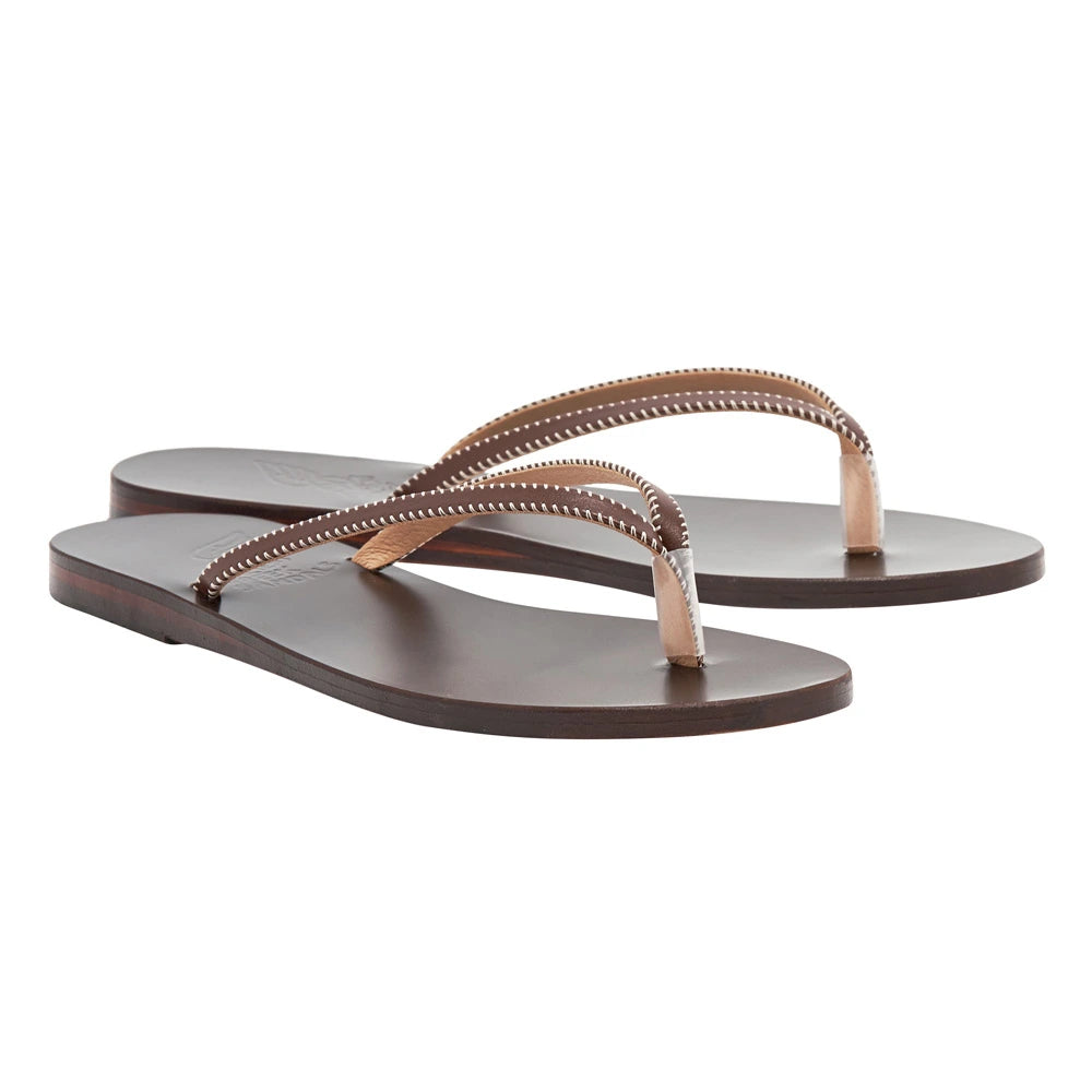 Saionara Stitch Flip Flop in brown leather by Ancient Greek Sandals, handmade in Greece with stitched detail, part of the House of Nomad Stories selection