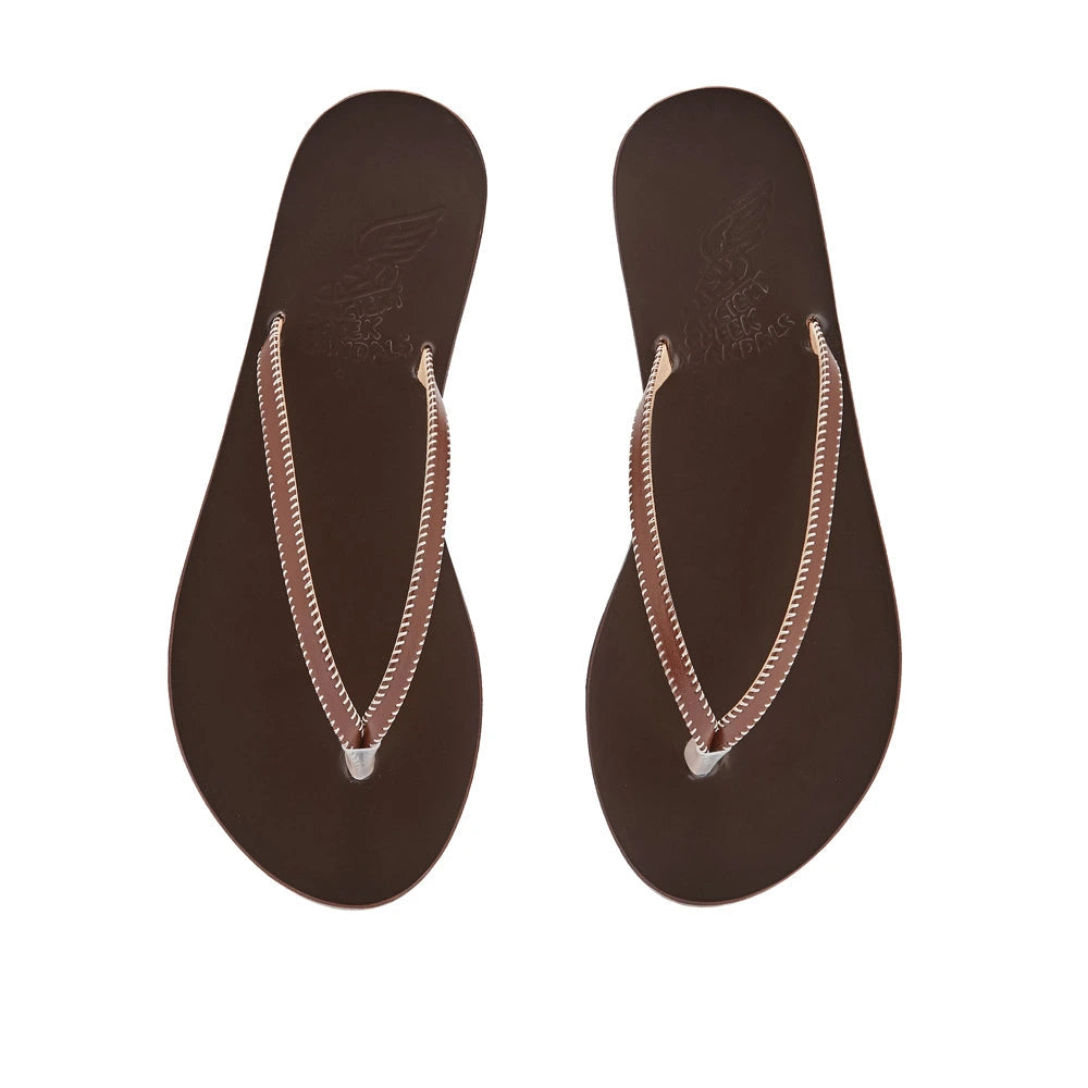 Saionara Stitch Flip Flop in brown leather by Ancient Greek Sandals, handmade in Greece with stitched detail, part of the House of Nomad Stories selection