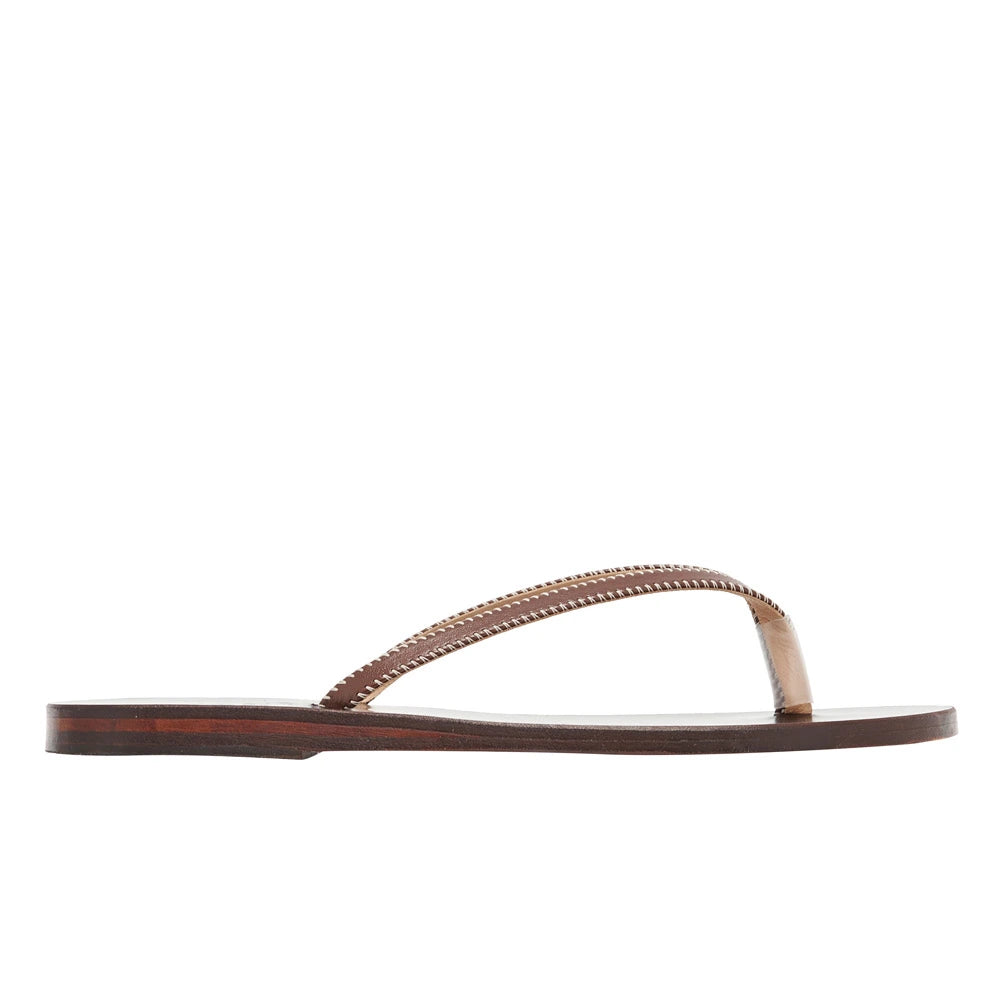 Saionara Stitch Flip Flop in brown leather by Ancient Greek Sandals, handmade in Greece with stitched detail, part of the House of Nomad Stories selection