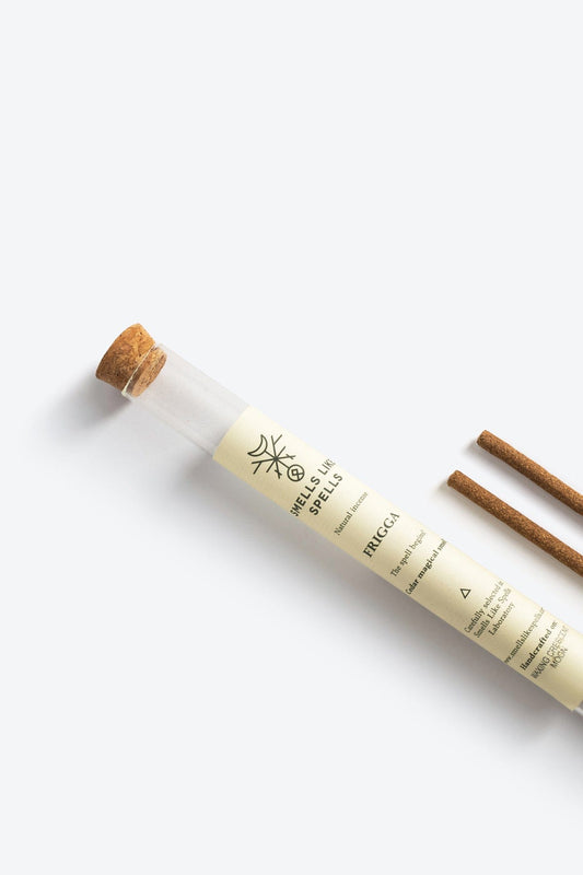 Handcrafted Frigga cedar incense sticks by Smells Like Spells, offered by House of Woven Stories. Designed to create harmony, protect your home and family, and bring prosperity with a natural, spiritual fragrance inspired by Norse mythology.