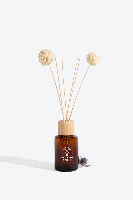 Heimdallr home fragrance diffuser by Smells Like Spells – handcrafted bottle with natural reeds, inspired by Norse mythology, used for protection and energy cleansing.