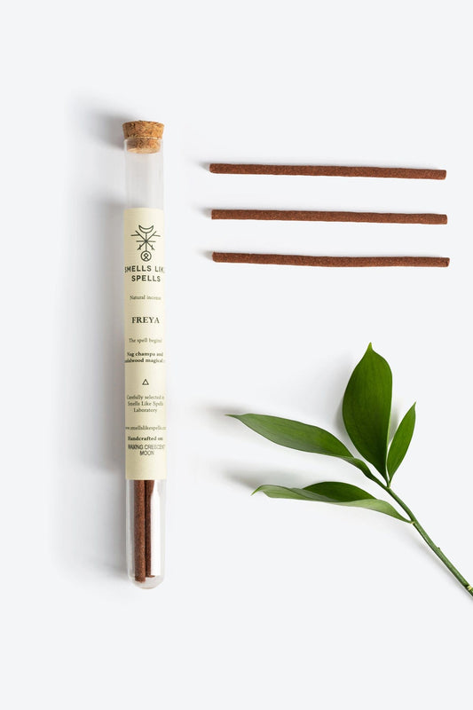 Handcrafted Norns incense sticks by Smells Like Spells, made from natural herbs and inspired by Norse goddess Freya, designed to attract love, passion, and harmony.