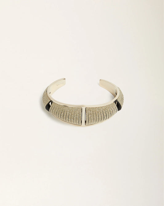 Tetra Crystal Gold leather bracelet by SO-LE STUDIO, part of House of Nomad Stories selection, handcrafted in Tuscany, gold-toned structured design with crystal accents on the wrist
