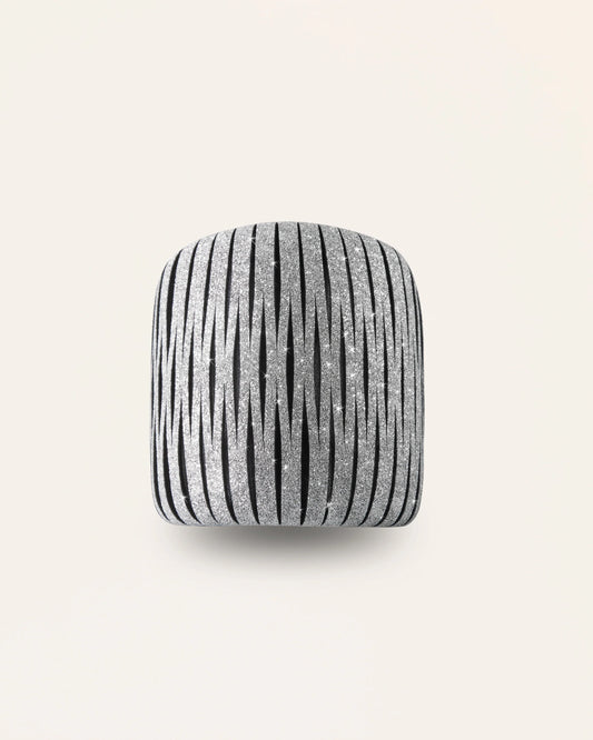 The Great Crystal Silver leather bracelet by SO-LE STUDIO, handcrafted in Tuscany, wide silver-toned design with crystal accents, adjustable and sculptural on the wrist