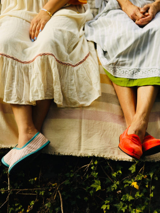 Handmade in Venice from upcycled luxury fabrics with recycled rubber soles. Deluxe Rose and Green Venetian Slippers by Teod’amar are timeless and sustainable. Part of House of Woven Stories section. 