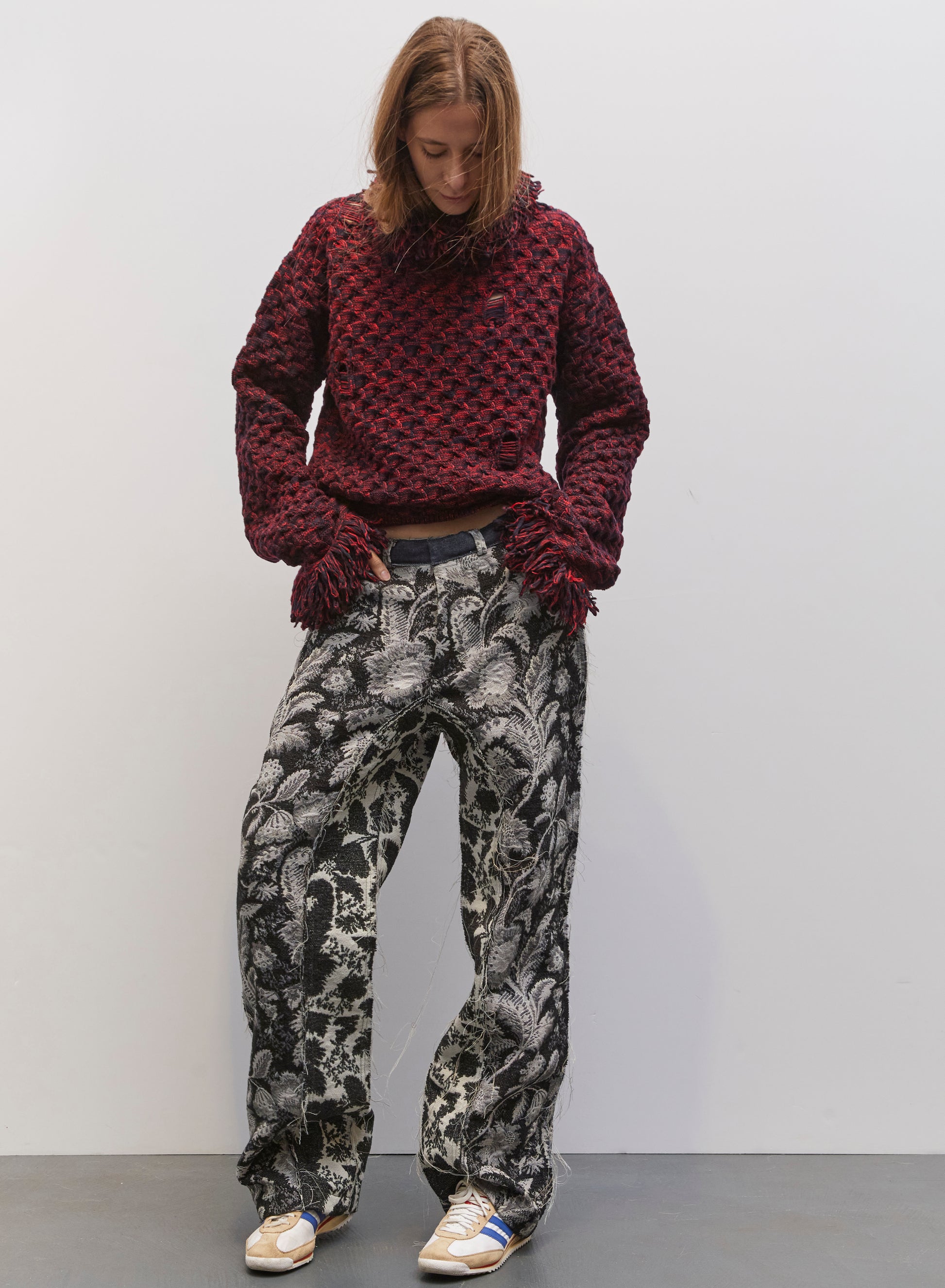 Model wearing the Tom Black Jacquard Pant by Maison Jejia, part of the House of Woven Stories selection, featuring textured black jacquard, sleek tailored silhouette, and relaxed contemporary fit