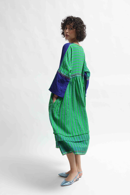 Handloom wool midi dress in indigo and green by Injiri, artisan-made in India with sustainable craftsmanship. Available at House of Woven Stories.