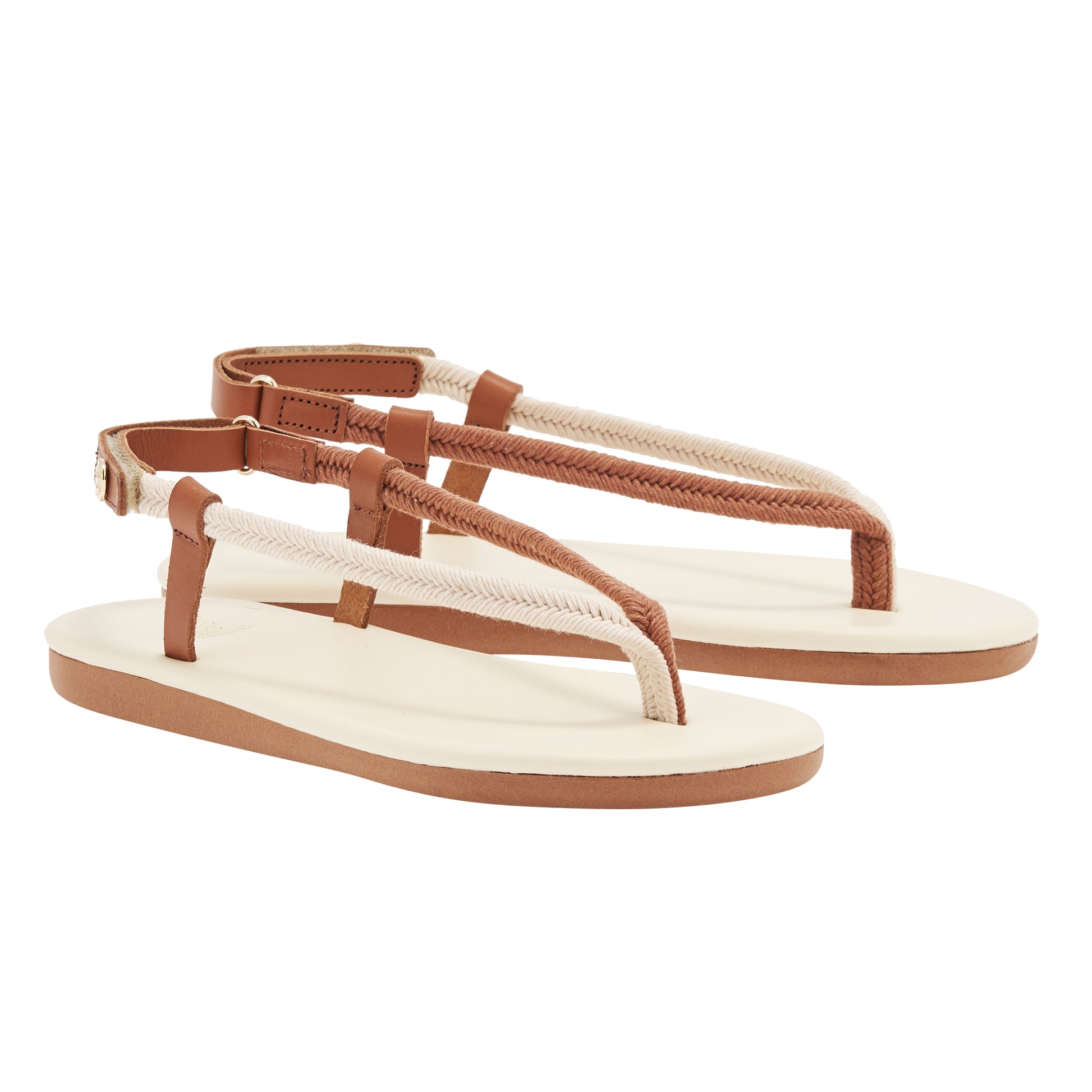 Zoi Cord Sandals in beige and tan leather by Ancient Greek Sandals, handmade in Greece with cord straps and metal coin, part of the House of Nomad Stories selection