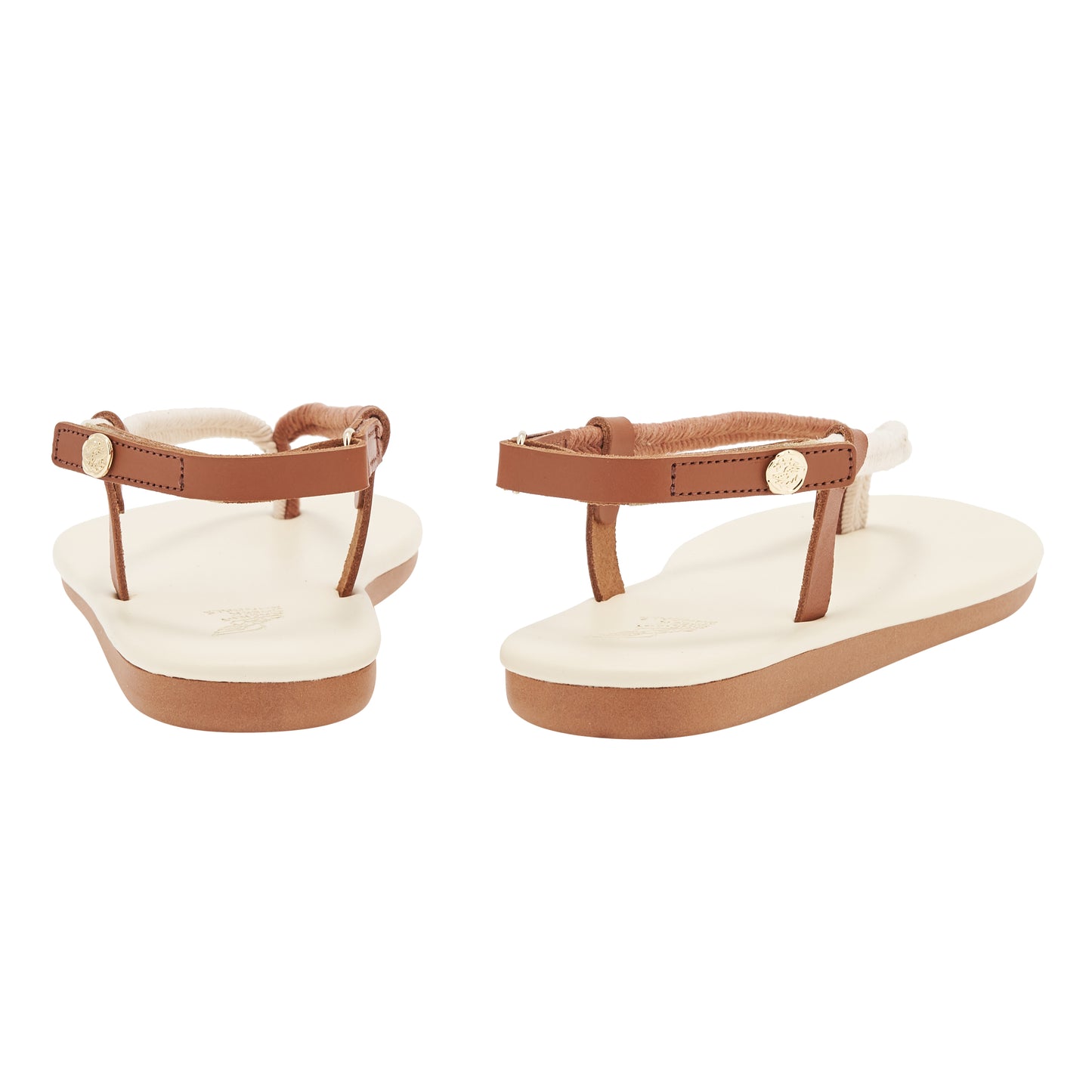 Zoi Cord Sandals in beige and tan leather by Ancient Greek Sandals, handmade in Greece with cord straps and metal coin, part of the House of Nomad Stories selection