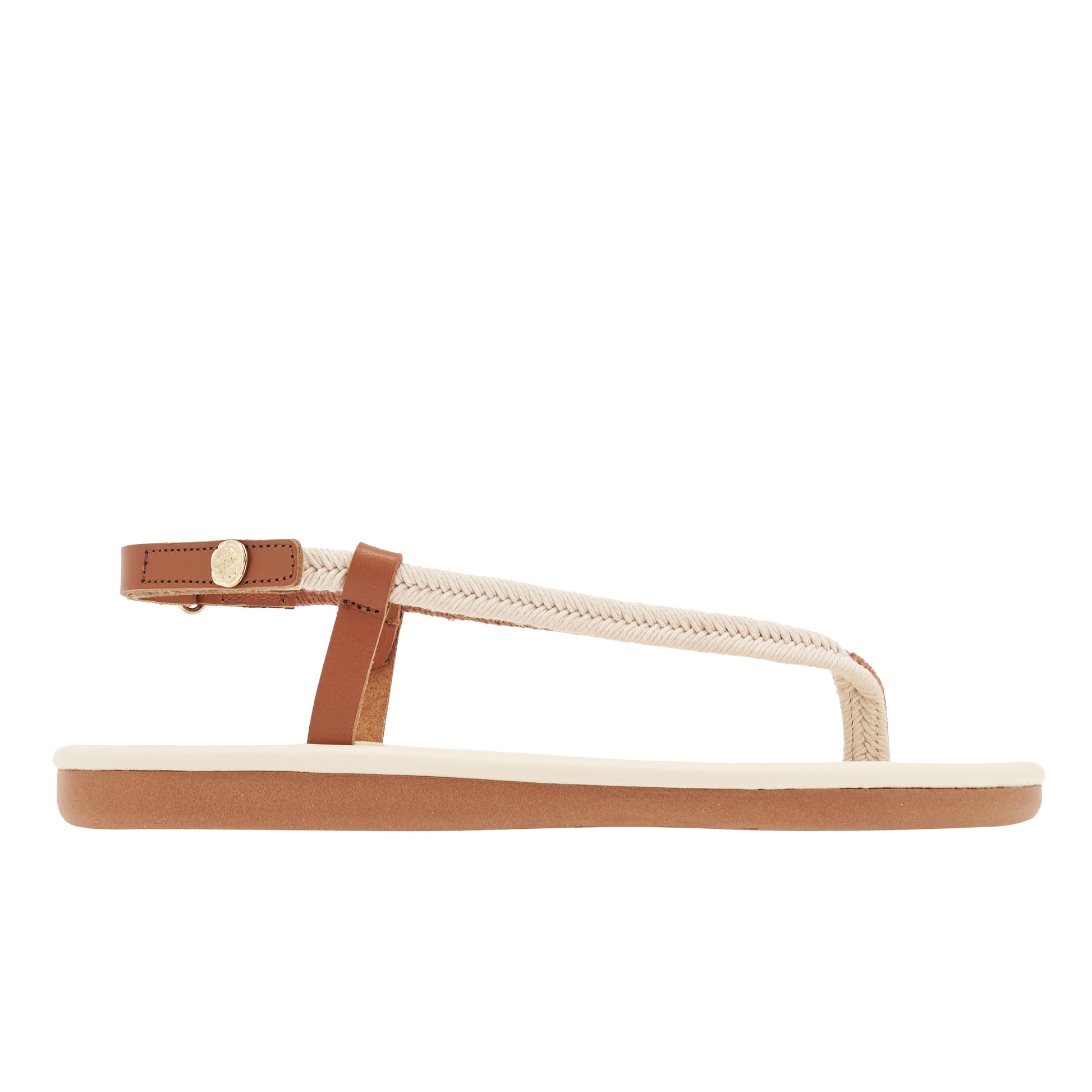 Zoi Cord Sandals in beige and tan leather by Ancient Greek Sandals, handmade in Greece with cord straps and metal coin, part of the House of Nomad Stories selection