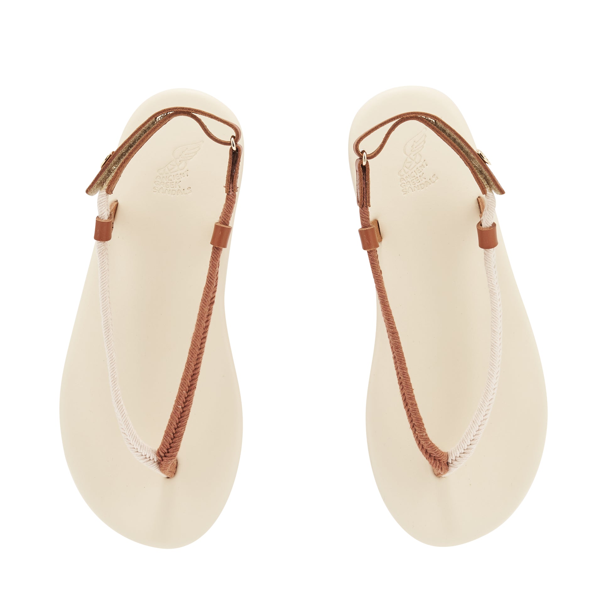 Zoi Cord Sandals in beige and tan leather by Ancient Greek Sandals, handmade in Greece with cord straps and metal coin, part of the House of Nomad Stories selection